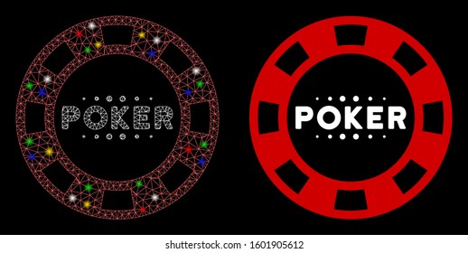 Bright mesh poker casino chip icon with lightspot effect. Abstract illuminated model of poker casino chip. Shiny wire carcass triangular mesh poker casino chip icon.