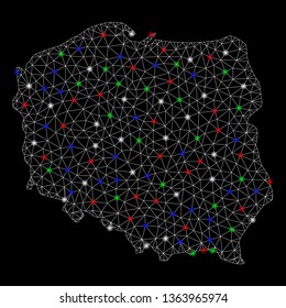 Bright mesh Poland map with glare effect. Wire frame triangular mesh in vector format on a black background. Abstract 2d mesh designed with triangular lines, spheric points, colored glare spots.