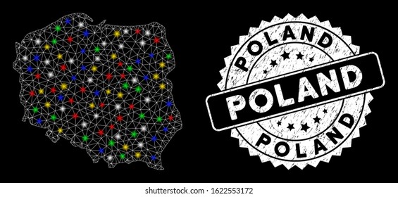 Bright mesh Poland map with glare effect, and watermark. Wire frame polygonal Poland map mesh in vector format on a black background. White round seal with grunged texture.