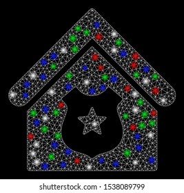 Bright mesh police office with glow effect. White wire frame triangular mesh in vector format on a black background. Abstract 2d mesh designed with polygonal grid, small circle, colored flash spots.