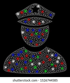 Bright mesh policeman with glare effect. White wire carcass polygonal mesh in vector format on a black background. Abstract 2d mesh designed with triangles, small circle, colored flash spots.