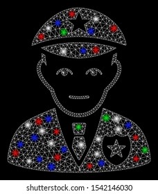 Bright mesh policeman with glare effect. White wire frame triangular mesh in vector format on a black background. Abstract 2d mesh designed with polygonal grid, small circle, colored glare spots.