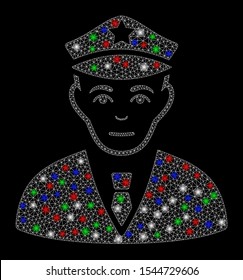 Bright mesh policeman with glare effect. White wire carcass triangular mesh in vector format on a black background. Abstract 2d mesh designed with triangular lines, small circle, colored glare spots.