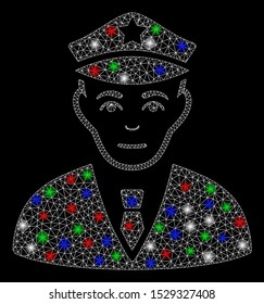 Bright mesh policeman with glow effect. White wire carcass polygonal mesh in vector format on a black background. Abstract 2d mesh designed with polygonal grid, points, colorful glare spots.