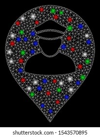 Bright mesh policeman map marker with glare effect. White wire carcass triangular mesh in vector format on a black background. Abstract 2d mesh designed with triangular lines, points,