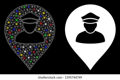 Bright mesh policeman map marker icon with glitter effect. Abstract illuminated model of policeman map marker. Shiny wire carcass polygonal mesh policeman map marker icon.