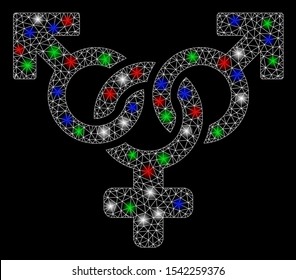 Bright mesh polyandry with lightspot effect. White wire frame polygonal network in vector format on a black background. Abstract 2d mesh designed with polygonal grid, small circle,