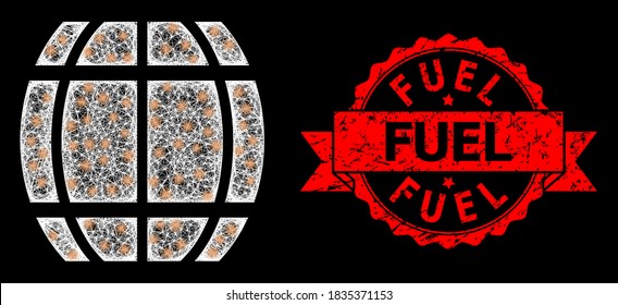 Bright mesh polygonal barrel with light spots, and Fuel dirty ribbon stamp. Red stamp seal has Fuel caption inside ribbon. Illuminated vector model created from barrel icon with white mesh.