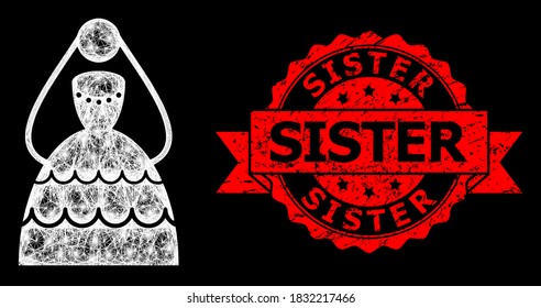 Bright mesh polygonal bride with lightspots, and Sister scratched ribbon seal imitation. Red seal includes Sister title inside ribbon.