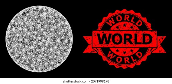 Bright mesh polygonal circle with light spots, and World grunge ribbon seal. Red stamp seal has World caption inside ribbon. Illuminated vector constellation created from circle icon with white mesh.