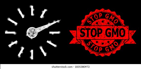 Bright mesh polygonal clockface with light spots, and Stop GMO rubber ribbon stamp seal. Red stamp seal includes Stop GMO text inside ribbon.