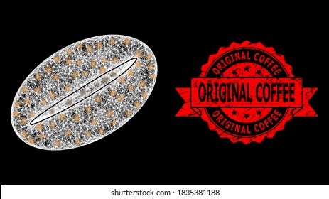 Bright mesh polygonal coffee bean with light spots, and Original Coffee rubber ribbon seal. Red seal contains Original Coffee text inside ribbon.