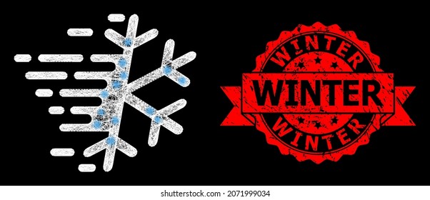 Bright mesh polygonal frost snowflake with glowing spots, and Winter unclean ribbon stamp. Red stamp includes Winter caption inside ribbon.