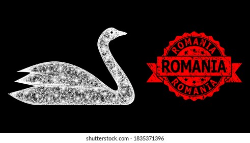 Bright mesh polygonal goose with glowing spots, and Romania dirty ribbon seal print. Red stamp seal includes Romania title inside ribbon.