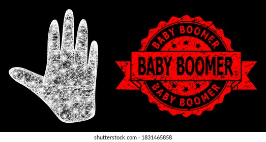 Bright mesh polygonal hand with light spots, and Baby Boomer rubber ribbon seal imitation. Red seal has Baby Boomer tag inside ribbon. Illuminated vector model created from hand icon with white mesh.