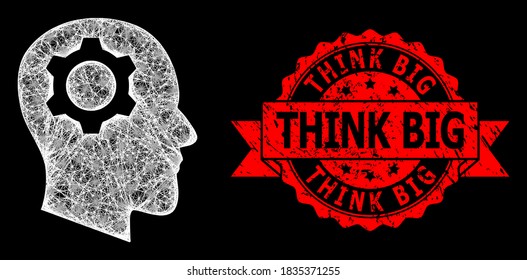 Engranaje de la cabeza poligonal de malla brillante con manchas de luz, y la marca de agua de cinta de textura Think Big. El sello rojo tiene el título Think Big dentro de la cinta.