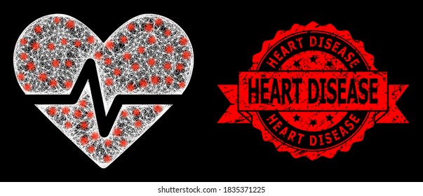 Bright mesh polygonal heart pulse with glowing spots, and Heart Disease corroded ribbon stamp seal. Red stamp has Heart Disease title inside ribbon.