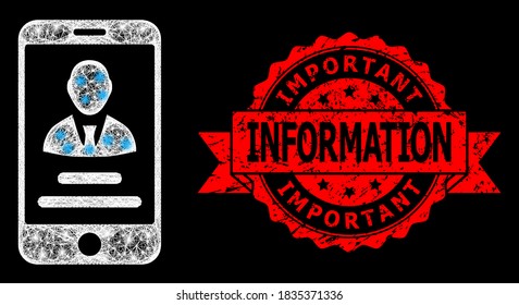 Información de usuario móvil poligonal de malla brillante con focos luminosos, y sello de marca de cinta impura de Información Importante. El sello rojo tiene un texto de información importante dentro de la cinta.