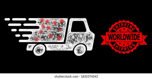 Bright mesh polygonal quick delivery with light spots, and Shipping Worldwide corroded ribbon stamp. Red stamp includes Shipping Worldwide tag inside ribbon.