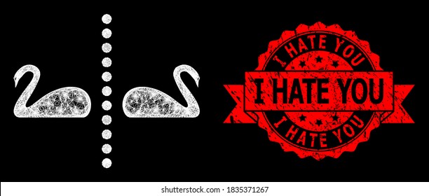 Bright mesh polygonal separate swans with glowing spots, and I Hate You textured ribbon stamp seal. Red stamp seal includes I Hate You text inside ribbon.