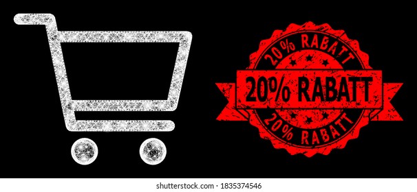 Bright mesh polygonal shopping cart with glowing spots, and 20% Rabatt rubber ribbon stamp seal. Red stamp seal contains 20% Rabatt title inside ribbon.