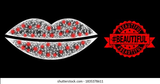 Bright mesh polygonal smile lips with light spots, and #Beautiful dirty ribbon seal print. Red seal includes #Beautiful caption inside ribbon.