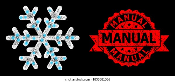 Bright mesh polygonal snowflake with lightspots, and Manual rubber ribbon stamp seal. Red stamp seal has Manual tag inside ribbon. Illuminated vector model created from snowflake icon with white mesh.