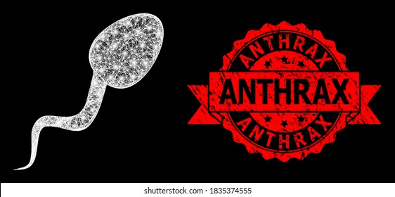 Celda de esperma poligonal de malla brillante con manchas luminosas y huella de sello de cinta corroída por el antrax. El sello rojo incluye la leyenda del ántrax dentro de la cinta.