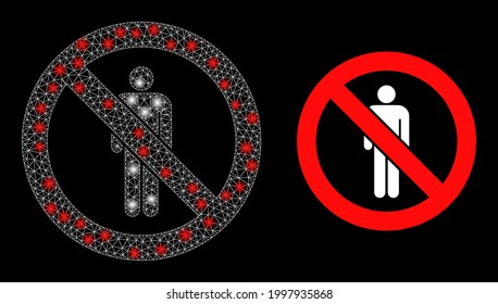 Bright mesh polygonal stop man with glowing spots. Illuminated vector model created from stop man icon with white mesh. Sparkle frame mesh polygonal stop man.