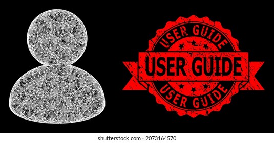 Bright mesh polygonal user with glowing spots, and User Guide rubber ribbon stamp. Red stamp seal includes User Guide text inside ribbon.