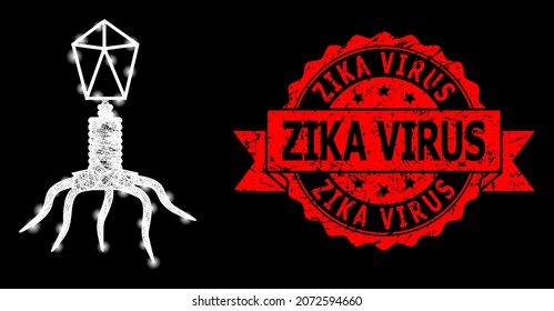 Bright mesh polygonal virus with lightspots, and Zika Virus rubber ribbon seal imitation. Red seal includes Zika Virus caption inside ribbon.