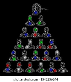 Bright mesh Ponzi pyramid manager with glare effect. White wire carcass triangular network in vector format on a black background. Abstract 2d mesh designed with triangular lines, small circle,