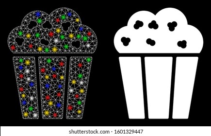 Bright mesh popcorn bucket icon with glare effect. Abstract illuminated model of popcorn bucket. Shiny wire frame triangular mesh popcorn bucket icon. Vector abstraction on a black background.