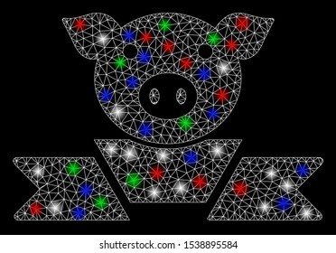 Bright mesh pork award ribbon with glare effect. White wire frame polygonal mesh in vector format on a black background. Abstract 2d mesh built from polygonal grid, points, colored glare spots.
