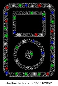 Bright mesh portable media player with glow effect. White wire carcass triangular mesh in vector format on a black background. Abstract 2d mesh built from triangular lines, spheric points,