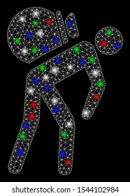 Bright mesh porter with lightspot effect. White wire frame polygonal mesh in vector format on a black background. Abstract 2d mesh designed with triangular lines, points, colored glare spots.