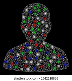 Bright mesh portrait with glare effect. White wire frame polygonal mesh in vector format on a black background. Abstract 2d mesh designed with polygonal grid, round dots, colored glare spots.