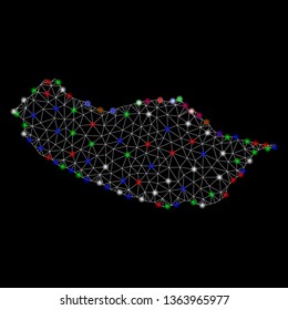 Bright mesh Portugal Madeira Island map with lightspot effect. Wire carcass triangular network in vector format on a black background. Abstract 2d mesh designed with triangular lines, points,