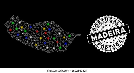 Bright mesh Portugal Madeira Island map with glare effect, and seal stamp. Wire carcass polygonal Portugal Madeira Island map mesh in vector format on a black background.