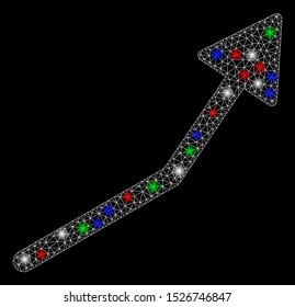 Bright mesh positive trend arrow with lightspot effect. White wire frame triangular mesh in vector format on a black background. Abstract 2d mesh designed with triangular lines, round dots,