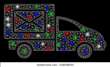 Bright mesh post delivery car with glare effect. White wire carcass triangular mesh in vector format on a black background. Abstract 2d mesh built from triangular lines, spheric points,