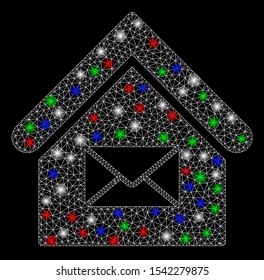 Bright mesh post office with glare effect. White wire carcass triangular network in vector format on a black background. Abstract 2d mesh designed with polygonal grid, dots, colored glare spots.