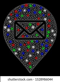 Bright mesh post office marker with glow effect. White wire carcass polygonal mesh in vector format on a black background. Abstract 2d mesh designed with polygonal grid, spheric points,