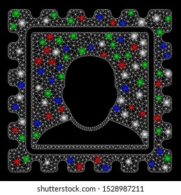 Bright mesh postal mark with lightspot effect. White wire frame triangular mesh in vector format on a black background. Abstract 2d mesh designed with triangular lines, spheric points,