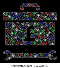 Bright mesh pound toolbox with glare effect. White wire frame polygonal mesh in vector format on a black background. Abstract 2d mesh created from triangular lines, small circle, colorful glare spots.