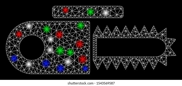 Bright mesh power saw with glow effect. White wire carcass polygonal mesh in vector format on a black background. Abstract 2d mesh designed with polygonal grid, points, colored light spots.