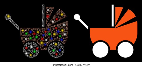 Bright mesh pram icon with glitter effect. Abstract illuminated model of pram. Shiny wire carcass polygonal network pram icon. Vector abstraction on a black background.