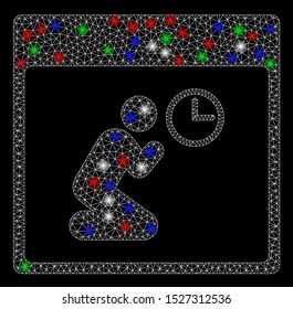Bright mesh pray clock calendar page with glare effect. White wire frame polygonal mesh in vector format on a black background. Abstract 2d mesh built from polygonal grid, spheric points,