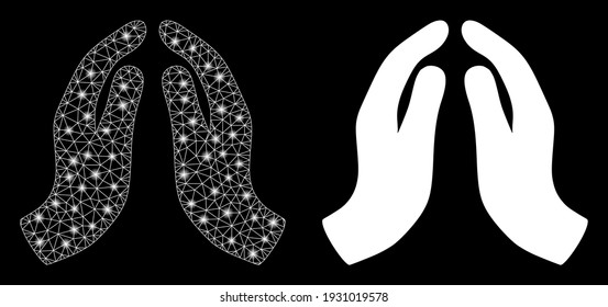 Bright mesh praying hands with glare effect. Abstract illuminated model based on praying hands icon. Shiny wire carcass triangular network praying hands. Vector abstraction on a black background.