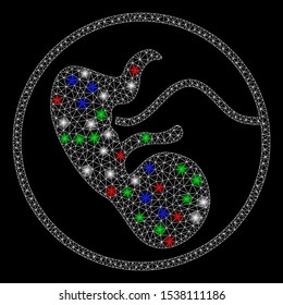 Bright mesh pregnancy with glow effect. White wire carcass triangular mesh in vector format on a black background. Abstract 2d mesh designed with triangular lines, small circle, colored flare spots.